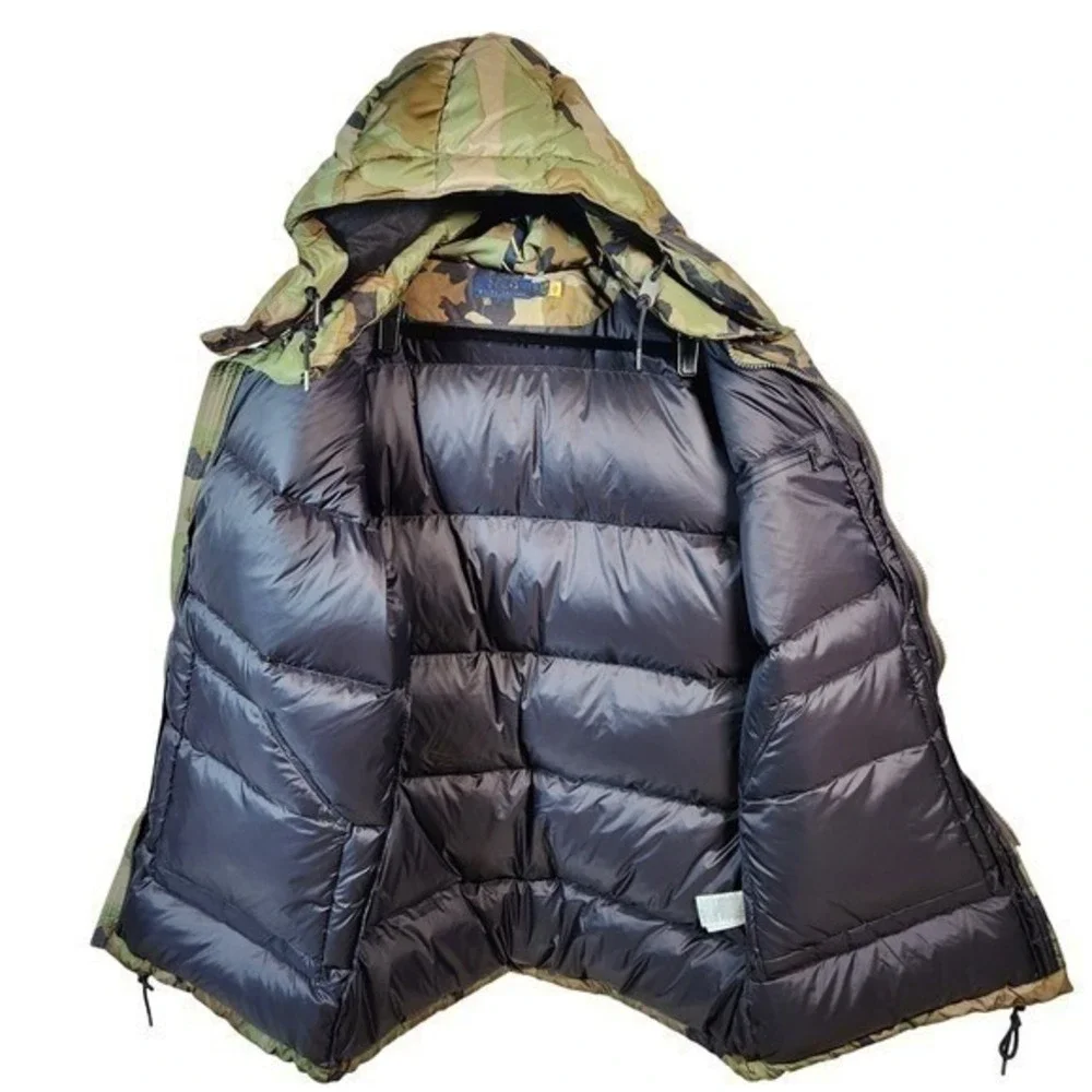 Polo Ralph Lauren Camo Boulder Down Puffer Jacket Men L Leather Trim Hooded NWOT
